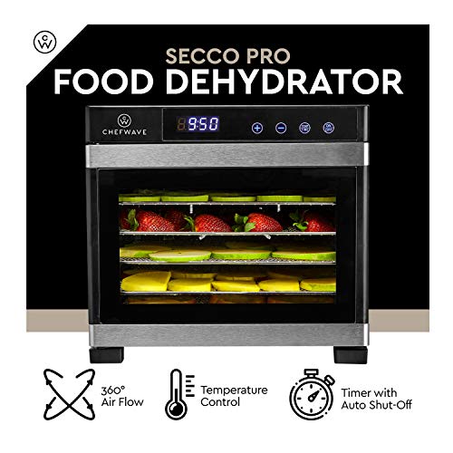 ChefWave 6 Tray Food Dehydrator Machine - Stainless Steel, Digital Temperature Control & Timer, 3 Teflon Sheets, 2 Mesh Sheets and Drip Tray - for Dried Fruit, Jerky, Herbs - Recipe Book Included