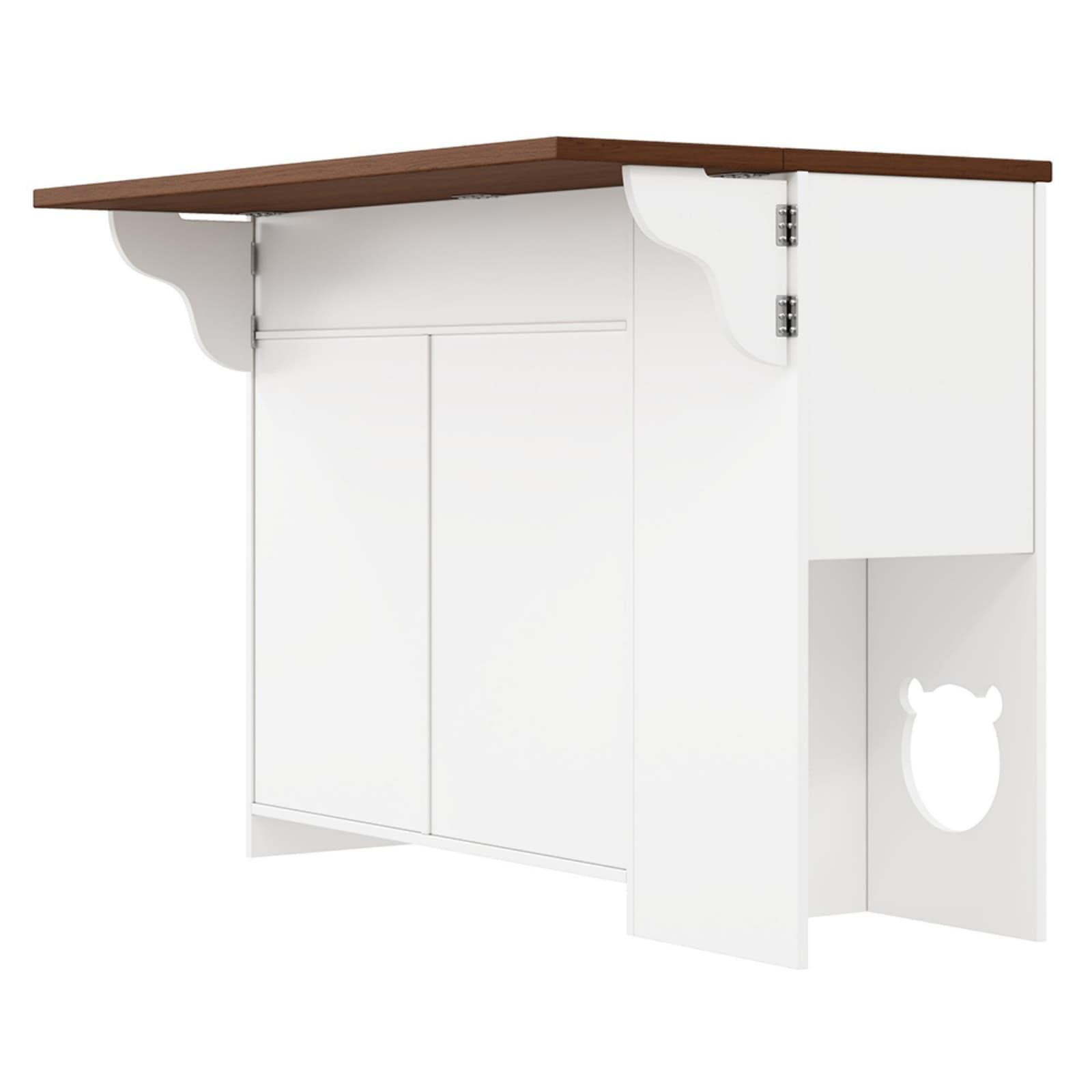 PUGSDRLY Îlot de Cuisine 120x40x90cm, avec Plan de Travail Escamotable, 3 Tiroirs, 2 Portes, Meuble Bar avec Rangement Épices et Espace Repas Intégré, pour Cuisine ou Salon (White + Deep Walnut)