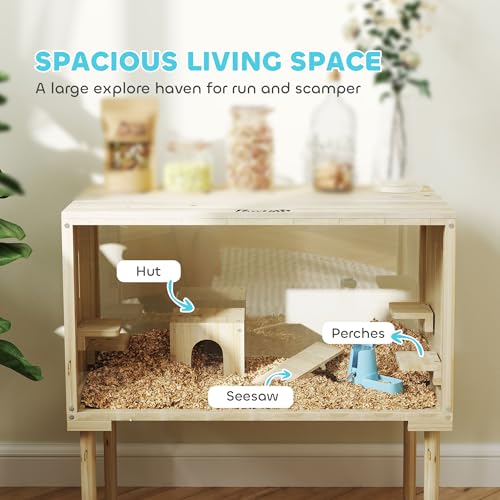 PawHut Wooden Hamster Cage with Legs, Gerbil Cage with Seesaw, Hut, Water Bottle & Food Dish, Hamster Habitat for Syrian, Dwarf, Mouse, 28" x 16" x 29.5", Nature Wood - Image 4