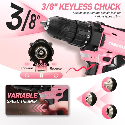 Image of COMOWARE Cordless Drill Set, 20V Pink Power Drill Set for Women, 1 Battery & Charger, 3 /8 inch Keyless Chuck, 2 Variable Speed, 266 In-lb Torque, 25+1 Position, with Pink Storage Bag