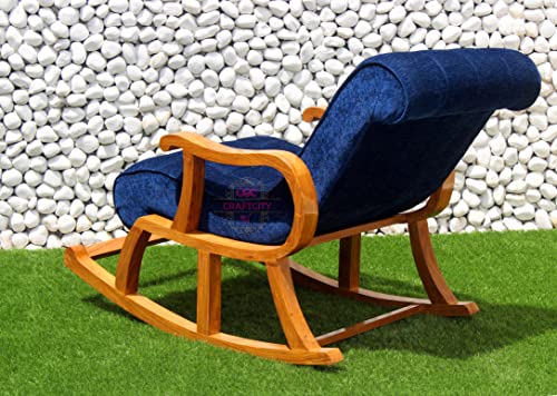 Image of CRAFTCITY Rocking Chair |Sheesham Wood Elegant Rocking Chair with Pillow and Matching Foot Stool and Pre assembeled(Royal Blue)
