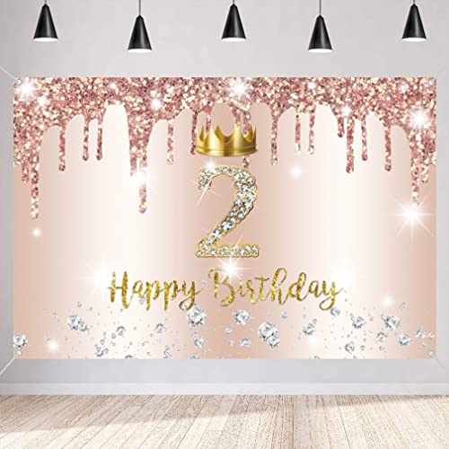 2nd Birthday Decorations for Girls Happy 2nd Birthday Backdrop Banner Party Deco Girl 2 Years Old Sign Poster Rosegold Photo Background 2nd Birthday Party Supplies, 150x90cm
