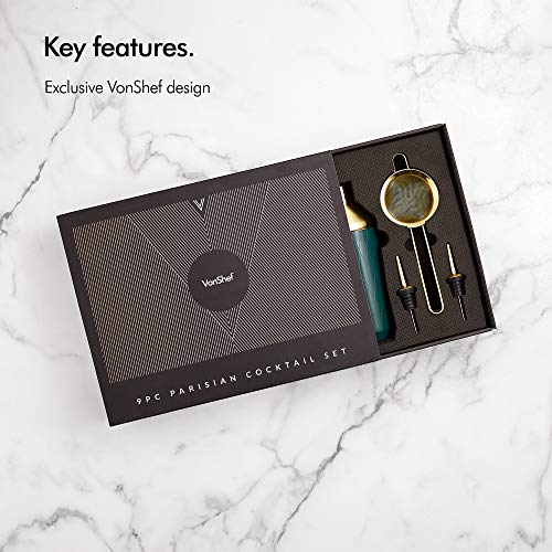 VonShef Green & Gold Cocktail Shaker Set in Gift Box with 16oz Shaker, Muddler, Bar Spoon, Jigger, Hawthorne Strainer, Julep Strainer, Bottle Pourer and Recipe Book - Thumbnail 4