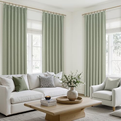 Image of Sage Green Blackout Linen Curtains 108 Inches Long for Living Room Bedroom, Pinch Pleated Boho Light Drapes Viral Window Curtain with Pinch Pleat Clips Thermal Insulated (40 inchWx108 inchLx2Panels Sage)