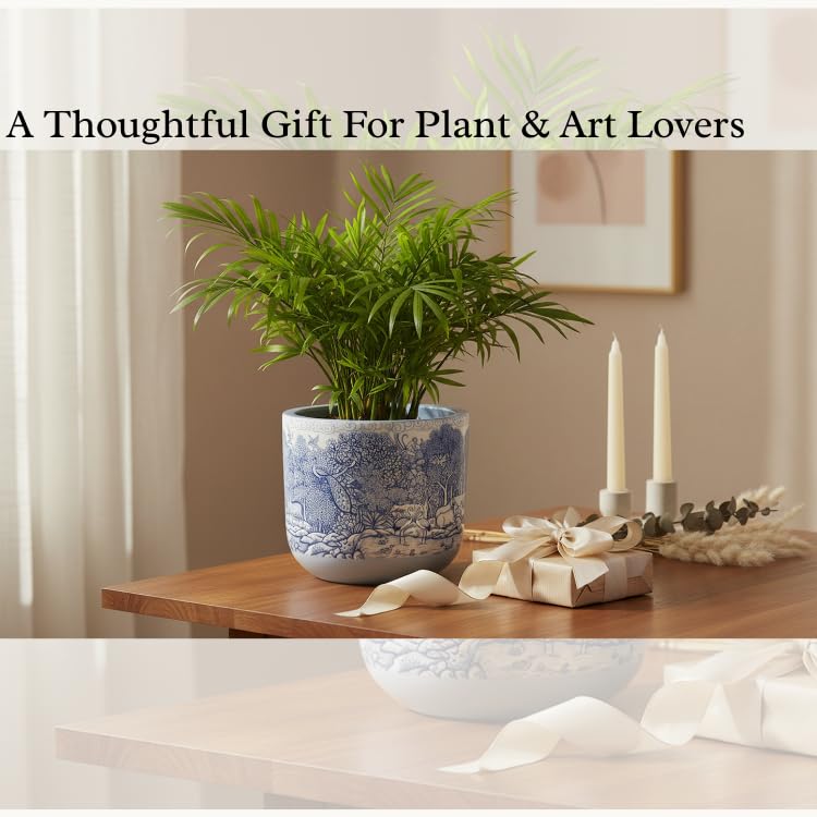 Image of Glass Finish Terracotta Planter Pot for Home Decor | Flower Pot | Blue and White, Krishna and Peacock Theme, 11.4cm x 10cm