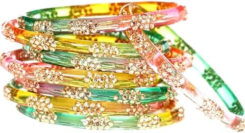 Swara Creations Crystal Bangles for Women/Raindrop Kada Set/Multicolor glossy finished bangles Kadas with Silver stonework bangles for women & girls(8Pcs)(SKU265)
