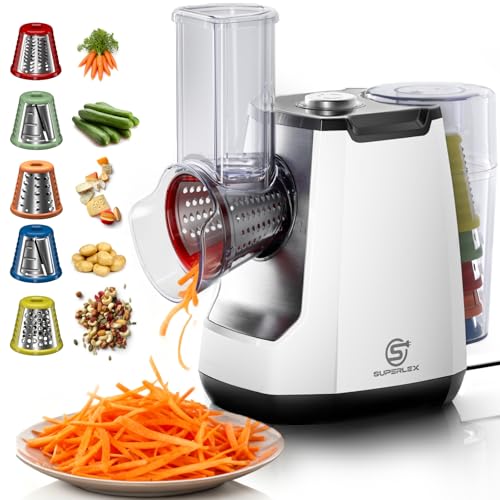 SUPERLEX Electric Rotary Cheese Grater 150W 5-in-1 Vegetable Slicer and Salad Maker with 5 Interchangeable Drums Powerful Food Chopper for Carrots Nuts & Fruit Easy-Clean Kitchen Gadget White