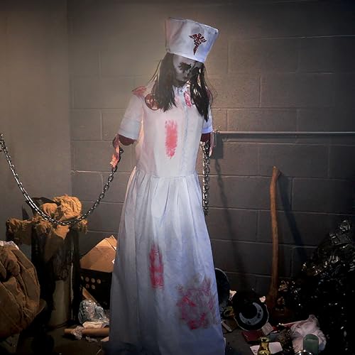 Image of Haunted Hill Farm Life-Size 5.2-Ft Animatronic Convulsing Nurse by Tekky Halloween Decoration with Motion-Activated Sounds