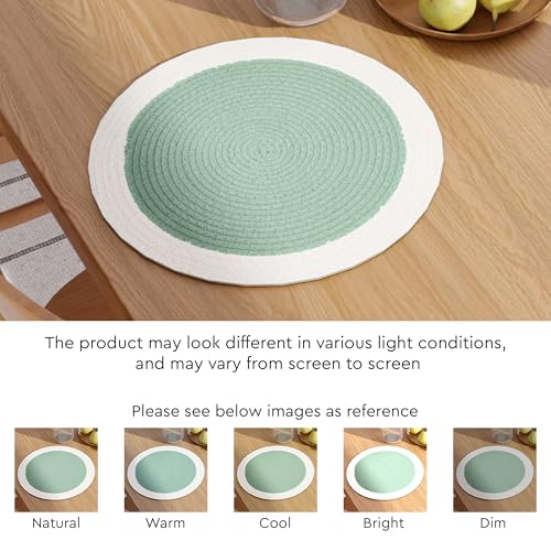 Image of Dining Table Mats Set of 4 | Cotton Table Mat 32 cm Diameter, Encasa XO Washable Round Table Mats, Heat Resistance Dining Table Placemats, Handmade Ribbed Style for Centre Table, Sage & Off White