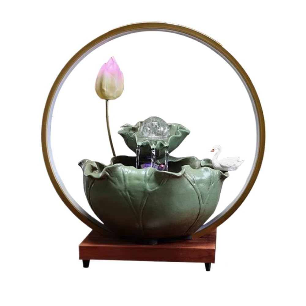 ZTHYSHOZ Tabletop Fountain Waterfall Ceramic Lotus Desktop Running Water Ornaments Recycled Small Fountain Zen Serene Meditation