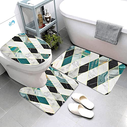 ARLTTH Badematte Mit Marmorstruktur, 3-teiliges Badezimmerteppich, Rutschfester Und Weicher, Saugfähiger Polyester-Teppich, U-förmiger Konturteppich Und Toilettendeckelbezug (grüner Marmor)