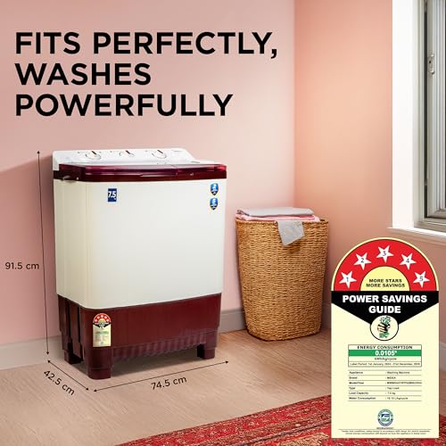 Image of Midea 7.5 kg 5 star Semi Automatic Top Loading Washing Machine, Maroon, Rust proof Body, Air Dry Function (MWMSA075PPG(MW), Rat Away Feature)
