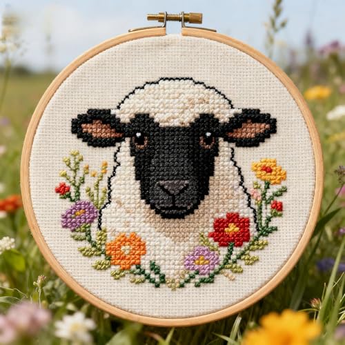 DIY Cross Stitch Kits Black Face Sheep Easy for Beginners 11CT Stamped Counted Cross Stitch with Hoop Needlepoint Embroidery Set Craft Wall Decor 20x20cm