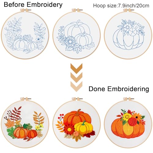 Image of Louise Maelys 3 Set Embroidery Kit for Beginners with Pumpkin Harvest | Fall Pumpkin Cross Stitch Kits For Seasonal Crafts. Needlepoint Kit Includes Fabric, Hoop, Threads, Needles and Guide