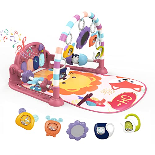 Image of Baby Play Mat Baby Gym,Funny Play Piano Tummy Time Baby Activity Gym Mat with 5 Infant Learning Sensory Baby Toys, Music and Lights Boy & Girl Gifts for Newborn Baby 0 to 3 6 9 12 Months (New Pink)
