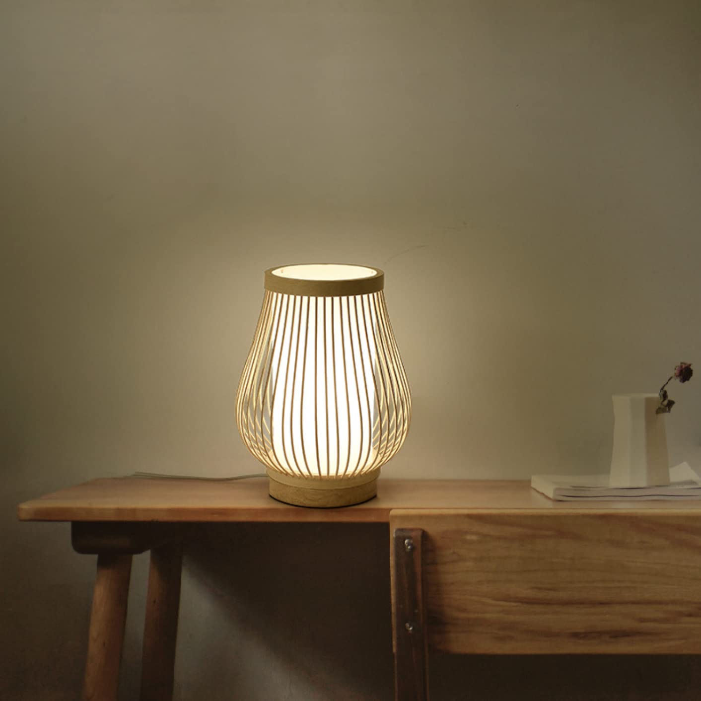 Lámparas de Escritorio, Lámpara de Mesa de Bambú Rústica, Bambú Natural, Fuente de Luz Led E27, 20 cm de Diámetro, Decoración para Sala de Estar.