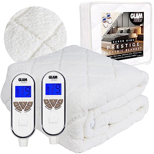 GlamHaus Electric Blanket - Luxurious Diamond-Quilted Sherpa Fleece - 9 Heat & 10 Timer Settings - Individual Body & Feet Settings - Deep Elasticated Skirt - Machine Washable (Superking)