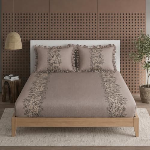 Image of Elastic Fitted King Size Bedsheet Cotton for Double Bed | 72 inchx78 inch +10 Inch, Floral, Soft & Breathable, Fade & Shrink Resistant, 2 Pillow Covers (Warm Taupe)