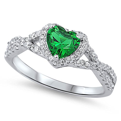 Sterling Silver Infinity Band Simulated Emerald CZ Halo Heart Promise Ring 8MM (Size 4 to 12)