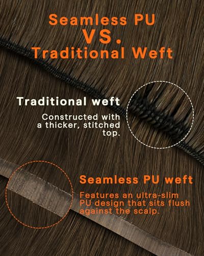 Image of Full Shine Brown Human Hair Clip in Extensions, Medium Brown | Seamless Clip in Hair Extensions, Invisible PU Weft Remy Human Hair for Women 18 Inch 120g 8Pcs