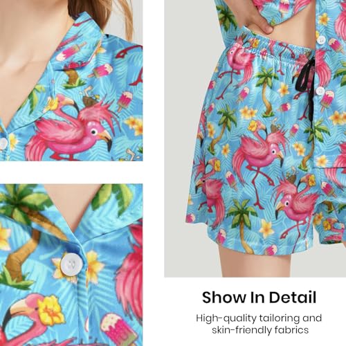 Image of Funny Pajamas for Women Set Print Satin Loungewear Pjs Short Sleeve Button Down Top and Shorts Sets Sleepwear XS-3XL