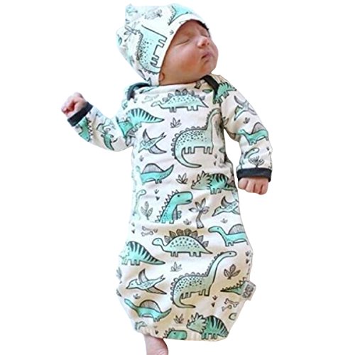 COLOOM Infant Baby Cartoon Dinosaur Pajamas Newborn Sleeper Gown Swaddle Hats 2Pcs Outfits, Green, one size (0-3M)