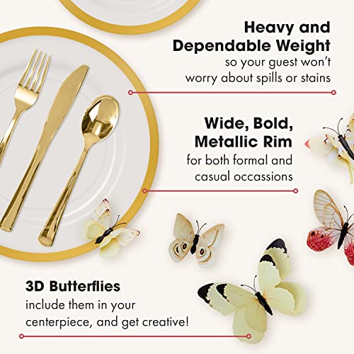 By Madee: Clear Plates With Gold Trim | Disposable Dinner, Salad Plates & Silverware | Gold Plastic Plates For Party | Gift Of 3D Butterflies | Heavyweight #TOP6