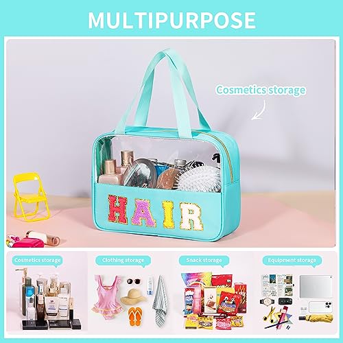 eurovicky Chenille Letter Patch Clear Makeup Bag, Preppy PVC&Nylon Makeup Bag with Handle and Zipper, Waterproof Large Clear Travel Toiletry Bag Storage Bag for Women4