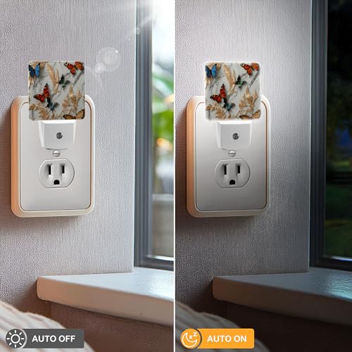 Image of LED Night Light Lamp with Smart Sensor Dusk to Dawn Sensor,Marble with Feathers Flowers and Butterflies Night Light Daylight White,0.5W Plug-into Wall for Adults,Bedroom,Hallway,Kitchen