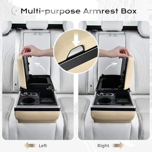 Image of Coverado Universal Car Center Console with Wireless Charging & Cup Holder, Back Seat Organizers, Rear Bench Seat Central Armrest Box with Storage, for Most Vehicles, Easy Install, Beige