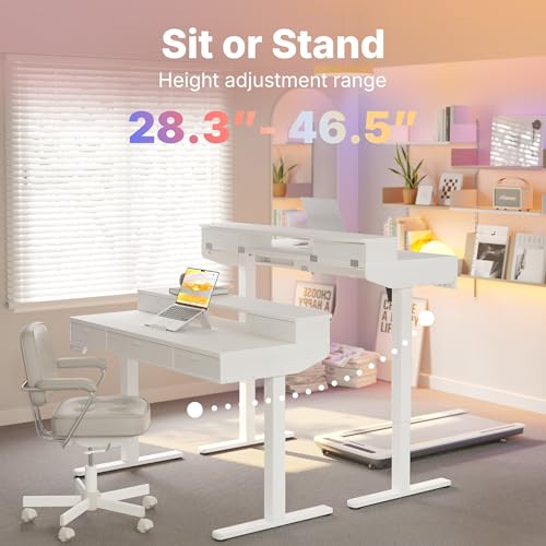 Image of HUANUO 48 x 24 Inch Electric Standing Desk with 4 Drawers, White | 4 Drawers For Organized Storage, Raised Monitor Shelf, C-Clamp Mount Support, 4 Memory Presets, 28.3-46.5 Inch Height Range