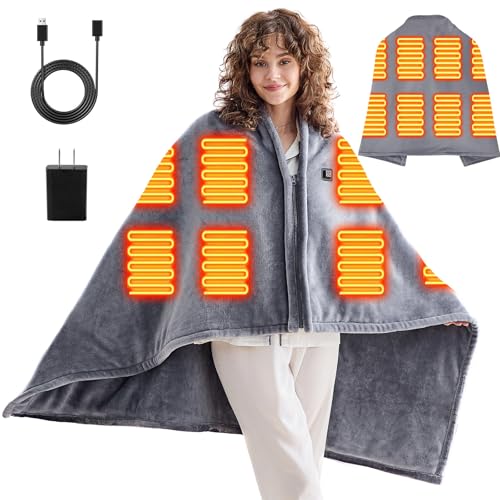 USB Portable Heated Electric Blanket - Cordless Heated Throw Blanket for Outdoor with 3 Heating...