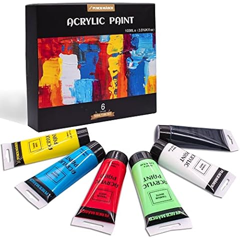 Pencilmarch Acrylic Paint Set 100ml*6 Colours for Crafting on Paper, Canvas, Rock, Wood, Ceramic, Glass, Non-Toxic Oil Paint for Professional Adults and Kids Beginners Cover