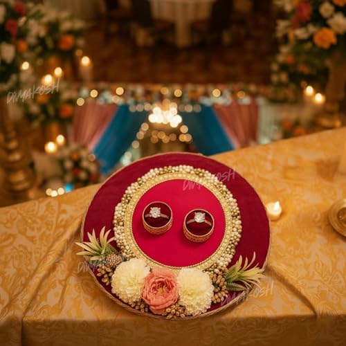 Image of Divyakosh Handcrafted Engagement Ring Platter Tray Holder with Artificial Flowers - 1 Pc | Round Engagement Thali for Wedding, Shaadi, Roka, Sagai, Bride & Groom | Ring Holder Tray (Red, 26 cm)