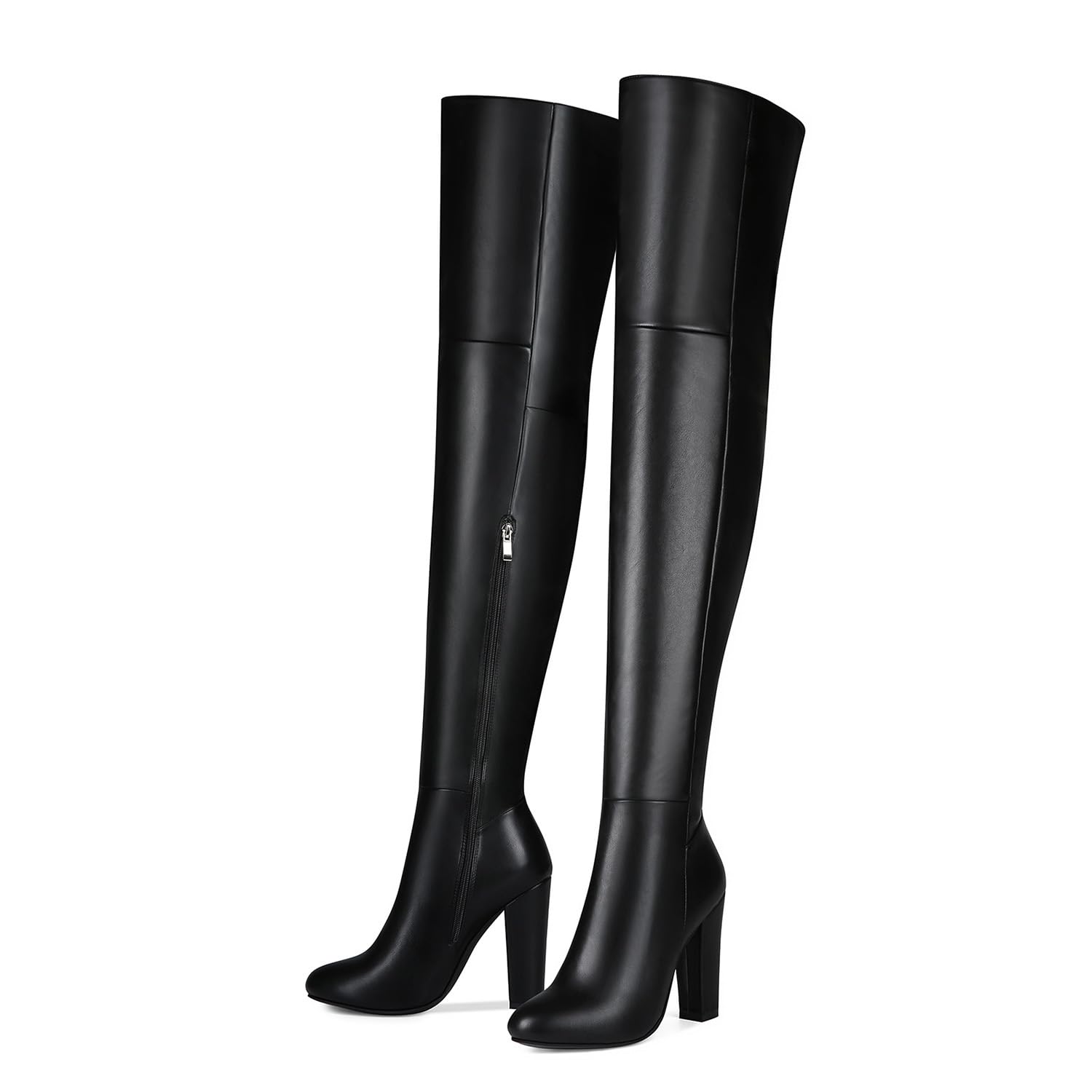 Stivali Alti Fino alla Coscia da Donna in Pelle Verniciata con Tacco a Spillo, Plateau, sopra Il Ginocchio, Punta Tonda, Cerniera Laterale, Stivali Lunghi con Lacci