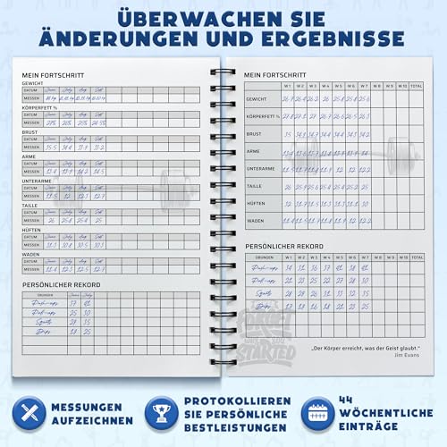 Fitness-Logbuch – Deutsche Sprache – Trainingsplaner – A5-Format, Grau Schwarz – Trainingstagebuch – Zielsetzung für Bodybuilding – von Workout Log