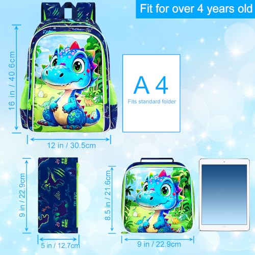 Image of AGSDON 3PCS Dinosaur Backpack for Boys, 16 inch Little Kids Preschool Bookbag, Elementary Backpacks and Lunch Box - Blue
