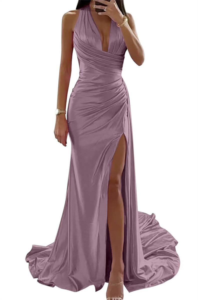 WSEYU Vestidos de dama de honor, vestidos formales de satén largo para mujer, invitada de boda, corte sirena, plisados, espalda descubierta