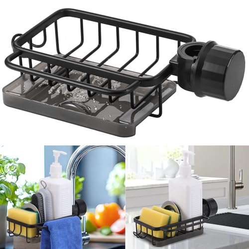 Huiguli Kitchen Sink Caddy Organiser, Kitchen Sink Faucet Organizer with Drip Tray, Aluminum Sponge Drain Rack with Hook, 360 Degree Adjustable Bathroom Faucet Storage Rack, Black