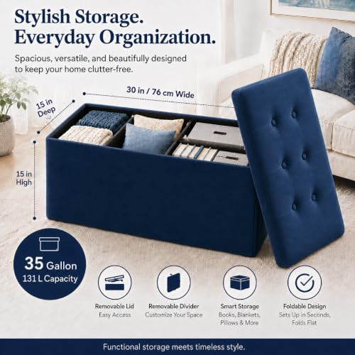 Image of ALASDO 30 Inch Folding Storage Ottoman Bench with Hidden Storage, Velvet Storage Ottoman Foot Rest Stool, End of Bed Bench for Bedroom, Living Room, Entryway and Closet, Navy Blue