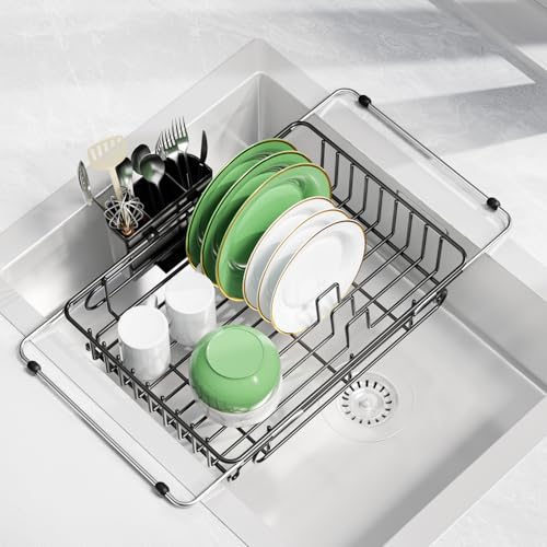 Expandable Dish Drying Rack for in-Sink, Over-Sink, and Counter Use, Dish Drainer with Removable Cutlery Holder, Space Saving & No Assembly Needed 10.5