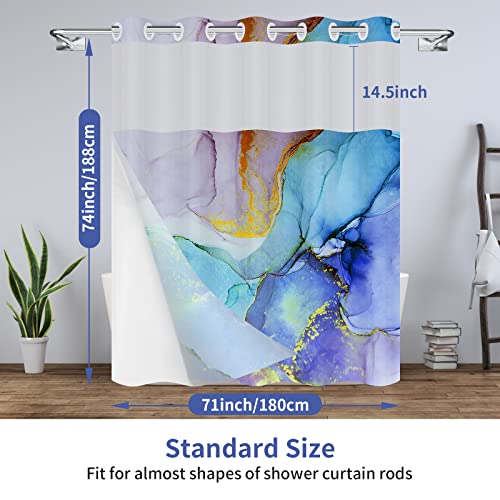 Rezaymrs Marble Shower Curtain No Hooks, 71X74 Inch Waterproof Purple And Blue Texture Gold Stripes Shower Curtains With Snap In Fabric Liner, Sheer Top Window, Double Layer Modern Shower Curtains Set #TOP6
