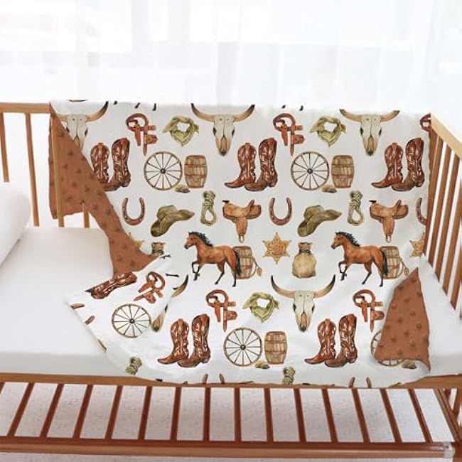 Western Cowboy Baby Blanket for Boys, Horse Theme Toddler Soft Minky Blanket with Double Layer Dotted Backing, Nursery Newborn Baby Crib Receiving My First Rodeo, 30x40