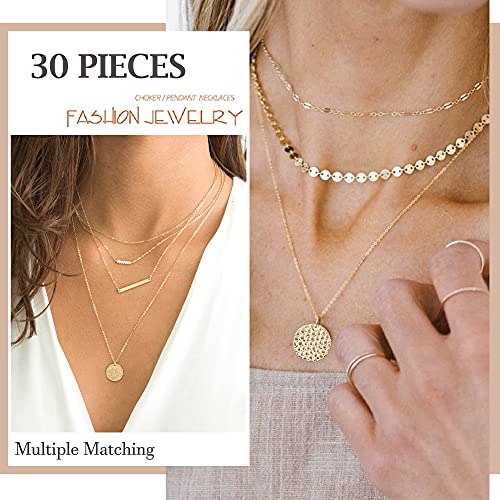 Kohota 30 Pcs Layered Choker Necklaces For Women Silver Gold Pendant Y Neckless Trendy Adjustable Chain Necklaces For Teen Girls With Sexy Coin Moon Star Diy Multilayer Simple Necklace Jewelry Set #TOP2