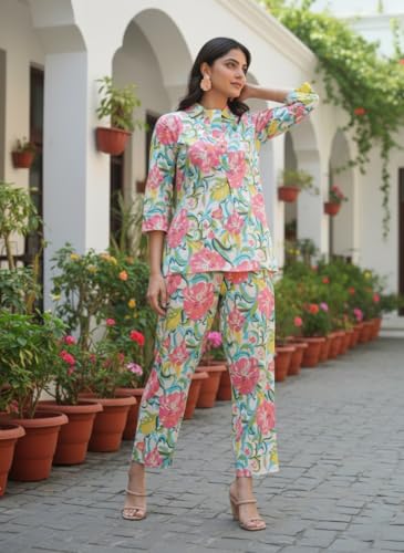Image of NAINVISH Ethnic Cotton Blend Co Ord Set | Casual Wear Pant Top Set | Fancy Co-Ord Set | Full Pair Set | Women Kurta Sets Kurtis | Women Kurta Pant Set | Coord Sets for Women | Maroon Top Pant Set