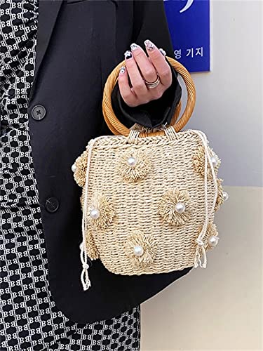 Image of Summer Straw Bag for Women Pearl Flower Bucket Tote Bag Diamond Handbag Hand Woven Rattan Shell Purse Drawstring