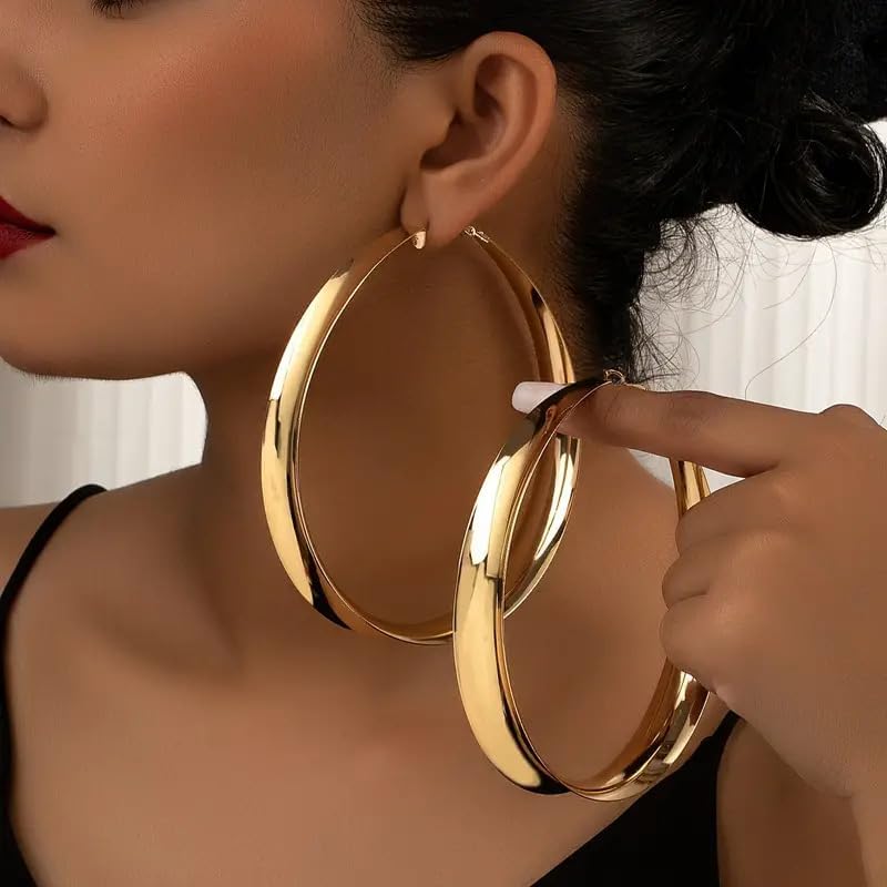 Gold Chunky Hoop Earrings for Women Exaggerated Large Hoop Gold/Silvery Statement Earrings Minimalist Polished Wide Post Thick Earrings Trendy Prom Jewelry for Women - Image 4