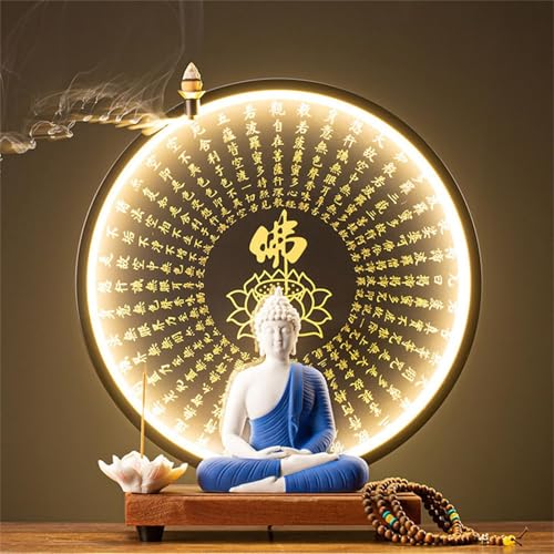 LEDライト付き光背付き仏壇セット - 仏壇棚スタンドと陶器/紫土像のセット 祈り、プージャ、そしてご自宅の寺院の装飾に(J)