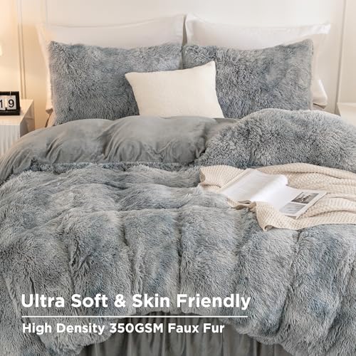 Andency Faux Fur Tie-Dyed Grey White Comforter Set Full Size, 3 Pieces Fluffy Fuzzy Plush Bedding Comforter Set (1 Shaggy Velvet Comforter & 2 Pillowcases), Soft Puffy Down Comforter Bedding Set