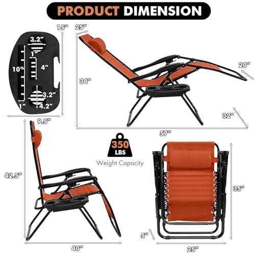 Image of Giantex 2 PCS Zero Gravity Chair, Outdoor Chaise Lounge with Cup Holder, Patio Folding Chairs Recliner for Yard Pool Lawn Balcony, Orange